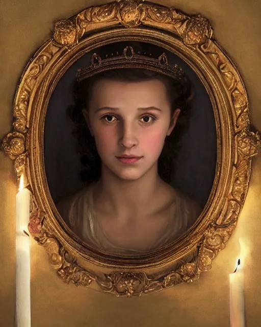 Image similar to a shadowy portrait painting of a shy, blushing 1 6 - year old alicia vikander or millie bobby brown as santa lucia with a crown of candles, lit only by candlelight in the darkness, intricate, elegant, highly detailed, artstation, concept art, by krenz cushart and donato giancola and william adolph bouguereau and alphonse mucha