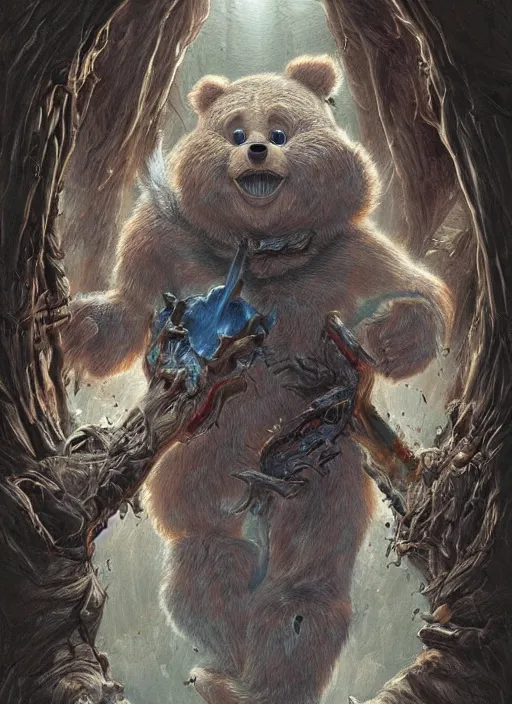 Image similar to portrait of Care Bear from Evil Dead (2013), intricate, highly detailed, centered, digital painting, artstation, concept art, smooth, sharp focus, illustration, artgerm, donato giancola, Joseph Christian Leyendecker, WLOP, Artgerm