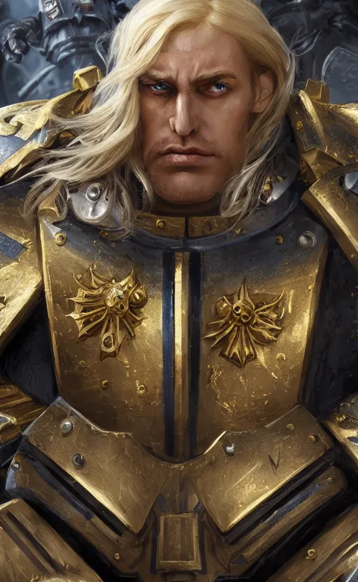 Image similar to warhammer 40k, half-lenght portrait of Emperor of Mankind, beautiful man without helmet, gold armor, beautiful face, long blonde hair, digital art, illustration, fine details, cinematic, highly detailed, octane render