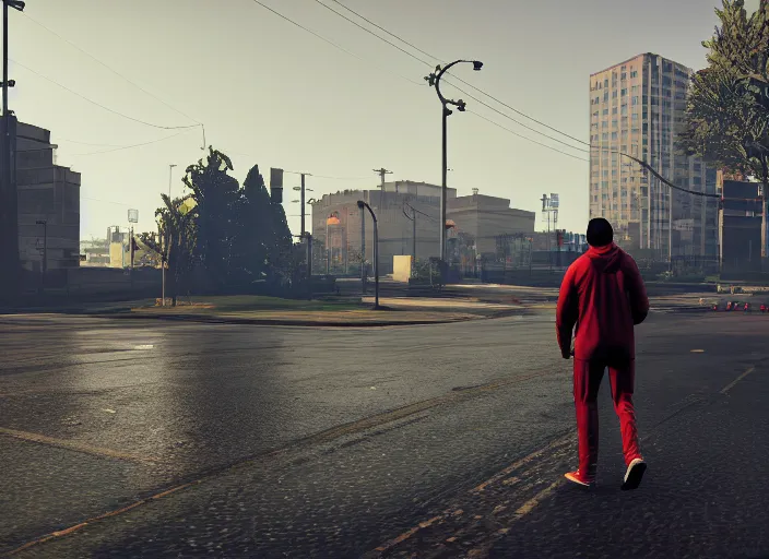 Image similar to cinematic screenshot gta 5, rain, man in adidas tracksuit, churches, buildings, road, moskvich, rtx reflections, moscow, soviet apartment buildings, award winning, trending on artstation, intricate details, realistic, hyperdetailed, 8 k resolution