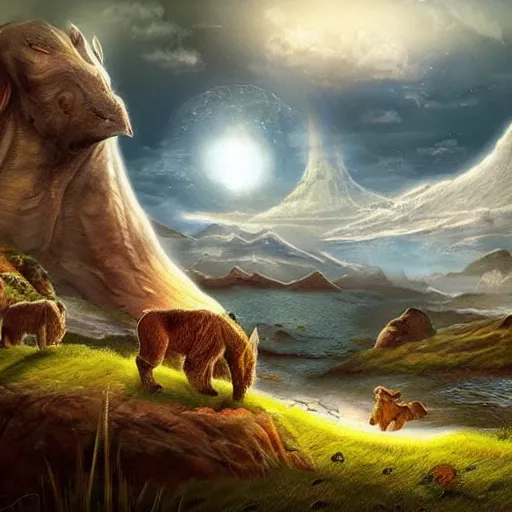 Prompt: large landscapes from another world, beautiful depiction, very detailed animals, enhance lighting, the sky is looking really cool