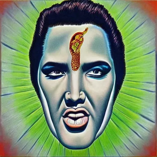 Image similar to “Elvis in the style of Alex Grey”