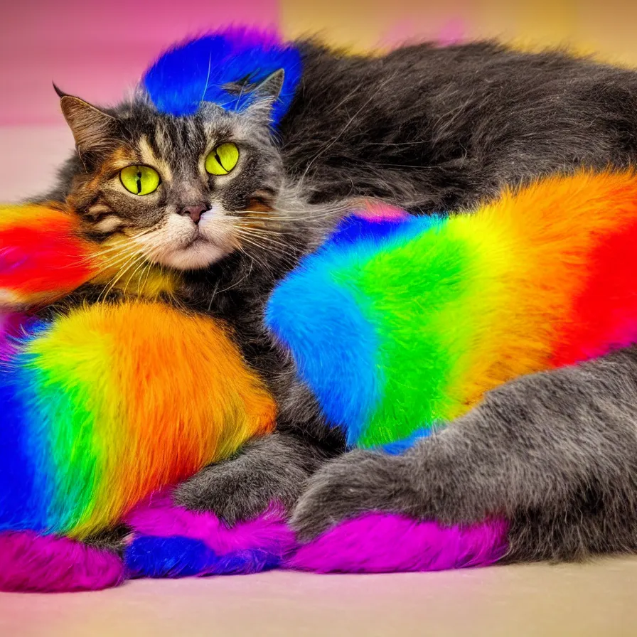 Image similar to a Rainbow cat lying on the floor, ultra realistic, 8K