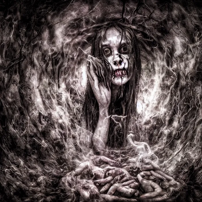 Image similar to a photograph by the best realistic horror movie artist, insanity girl summon her death, cinematic, horror details, horrorcore, silent decay coloring, vortex portal banish the elders, die and suffer, psychonaut universe, smoke pit nebulas, the scary empty liminal spaces, conjure devils