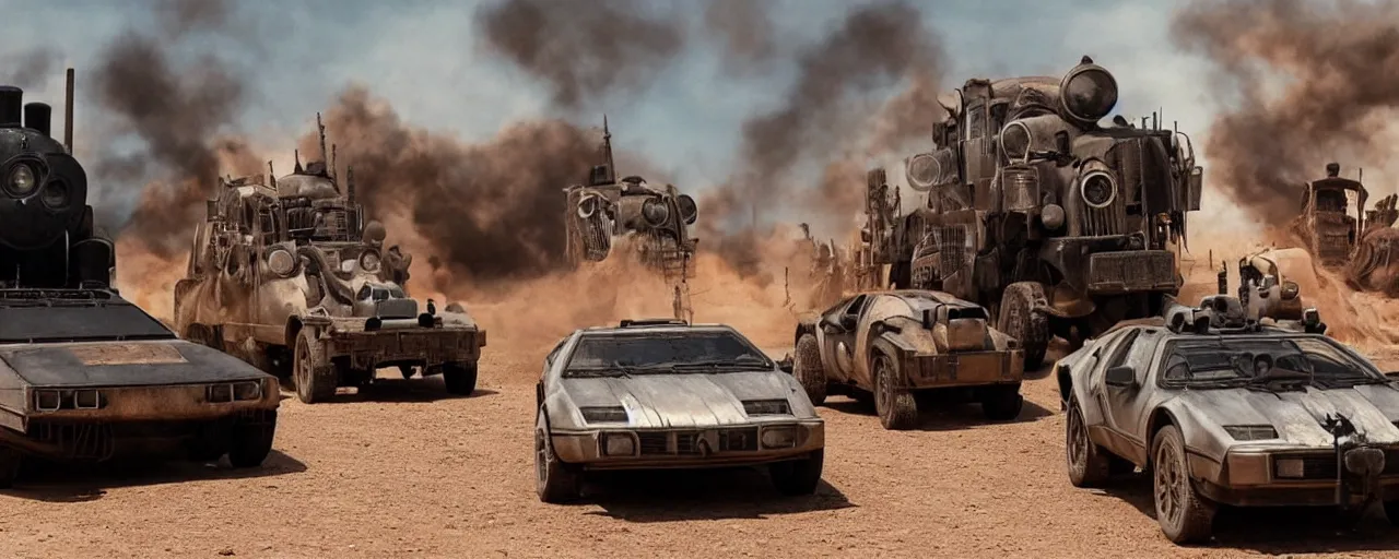 Prompt: Thomas the Tank Engine, the Batmobile and the Delorean in MAD MAX: FURY ROAD