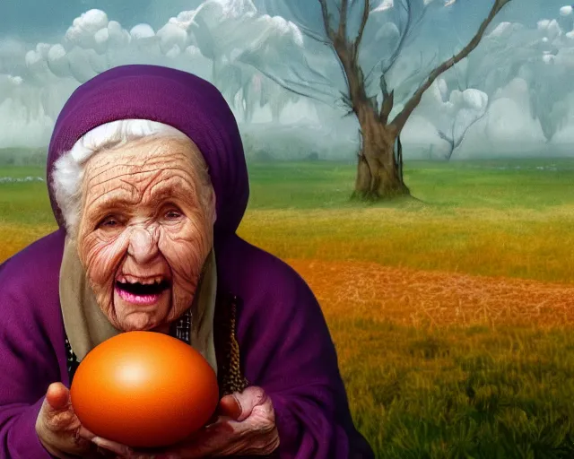 Image similar to םכ a very beautiful scene. processing block environment. a sweet fat old woman peeking from a huge, colorful and beautiful egg. hyper realistic. 4 k. wide angle. in the baroque style. wild. symmetrical face, red mouth, blue eyes. deep focus, lovely scene. processing block environment. concept art. unreal engine.