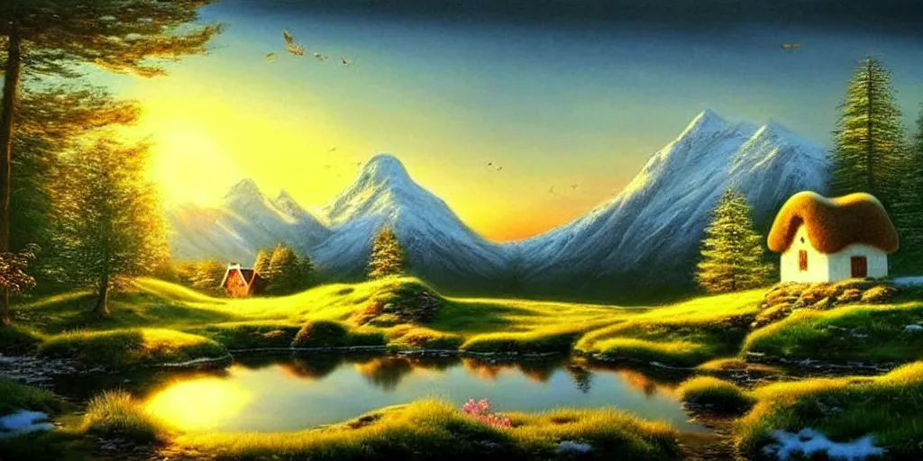 Image similar to a beautiful fantasy landscape, snowy mountain in background, little cottage, small pond, some trees in the corner, sunrise. hyper realism