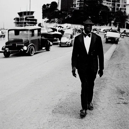 Image similar to vintage photo of a black man wearing a black suit in rio de janeiro