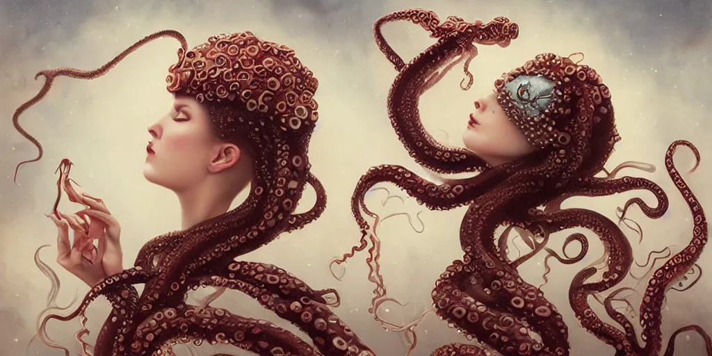 Prompt: queen of octopus with pearls embedded, nouveau, beautiful, by Anato Finnstark, Tom Bagshaw, Brom