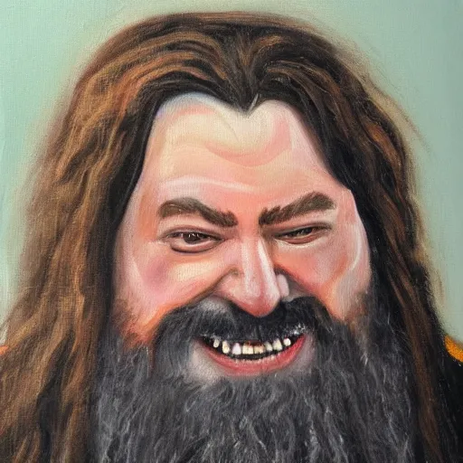 Image similar to thin happy hagrid oil painting