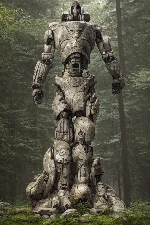 Image similar to A large robot stone statue in the middle of a forest by Greg Rutkowski, Sung Choi, Mitchell Mohrhauser, Maciej Kuciara, Johnson Ting, Maxim Verehin, Peter Konig, final fantasy , 8k photorealistic, cinematic lighting, HD, high details, atmospheric,