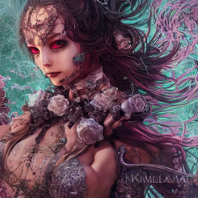 Image similar to the portrait of chaotic evil sensual female necromancer overlord as absurdly beautiful, gorgeous, elegant, sadistic young girl, an ultrafine hyperdetailed illustration by kim jung gi, irakli nadar, intricate linework, bright colors, octopath traveler, final fantasy, unreal engine 5 highly rendered, global illumination, radiant light, detailed and intricate environment