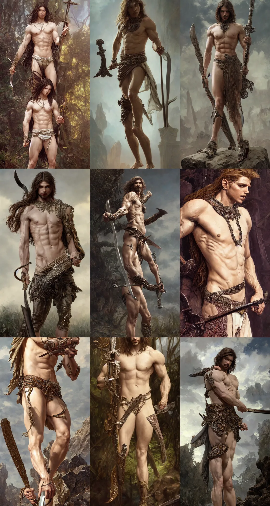 Prompt: painting of pale lithe muscular oiled androgynous male warrior, long hair, carrying a sword, ultra realistic, concept art, intricate and ornate crystal jewelry, eerie, highly detailed, photorealistic, octane render, by artgerm and greg rutkowski and alphonse mucha.