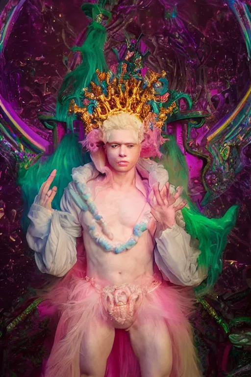 Prompt: full-body rococo and cyberpunk delicate neon crystalline sculpture of ((young muscular blue albino Colombian prince)) as an iridescent humanoid deity wearing ((peach plastic hooded cloak)) (holding a human skull) in a white castle dungeon, reclining, glowing pink face, crown of (pink lasers), large blue diamonds, swirling black silk fabric. futuristic elements. oozing glowing liquid, full-length view. space robots. intricate artwork by caravaggio. Trending on artstation, octane render, cinematic lighting from the right, hyper realism, octane render, 8k, depth of field, 3D