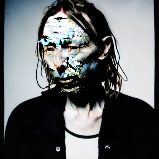 Image similar to Thom Yorke, a man with a beard and a black jacket, a portrait by John E. Berninger, dribble, neo-expressionism, uhd image, studio portrait, 1990s