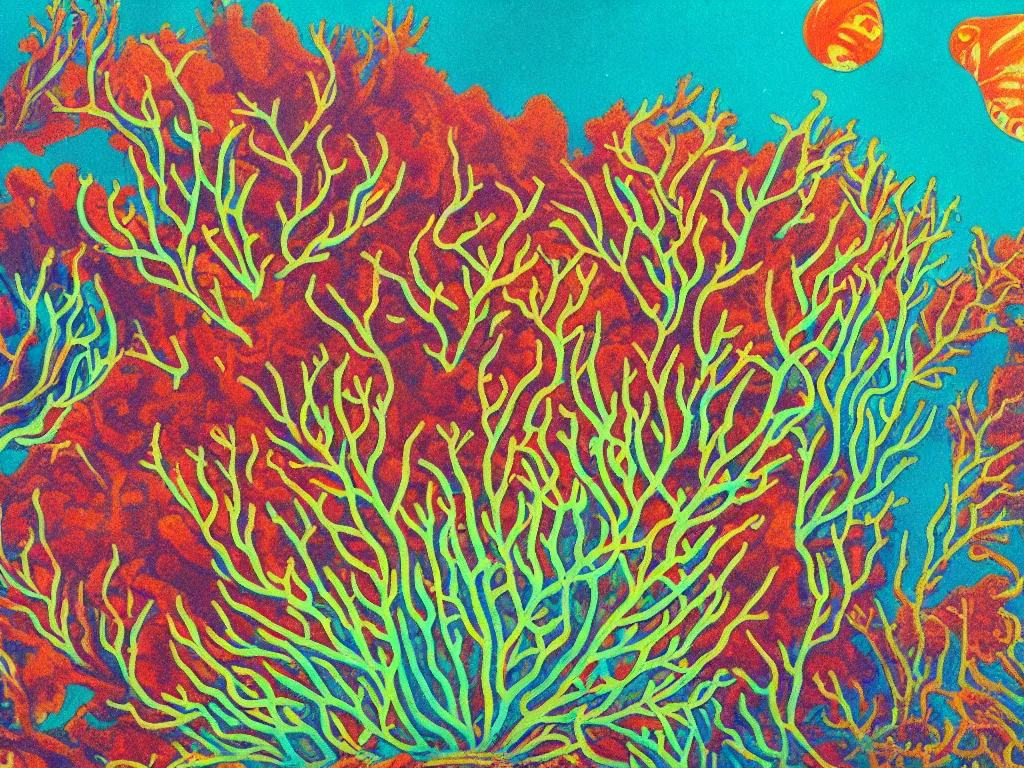 Prompt: Beautiful 1976 psychedelic textbook illustration of underwater coral seascape, highly detailed, 8k