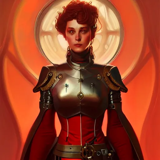 Prompt: a cinematic scene steampunk joan of arc wearing a red suite, intricate, elegant, highly detailed, digital painting, artstation, concept art, smooth, sharp focus, illustration, art by artgerm and greg rutkowski and alphonse mucha