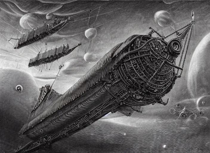 Image similar to detailed drawing of a steampunk spelljammer flying airship, illustrated by agostino arrivabene, hr giger, wayne barlowe, zdzisław beksiński, antiquity ship, ancient and modern, intricate details, clean linework, spacecraft, magical, sails, dragon