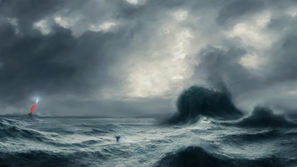 Image similar to small boat a stormy sea, giant waves, lightning in the background, soft digital painting, highly detailed, artstation, sharp focus, illustration, concept art, ruan jia, oil painting, 4 k