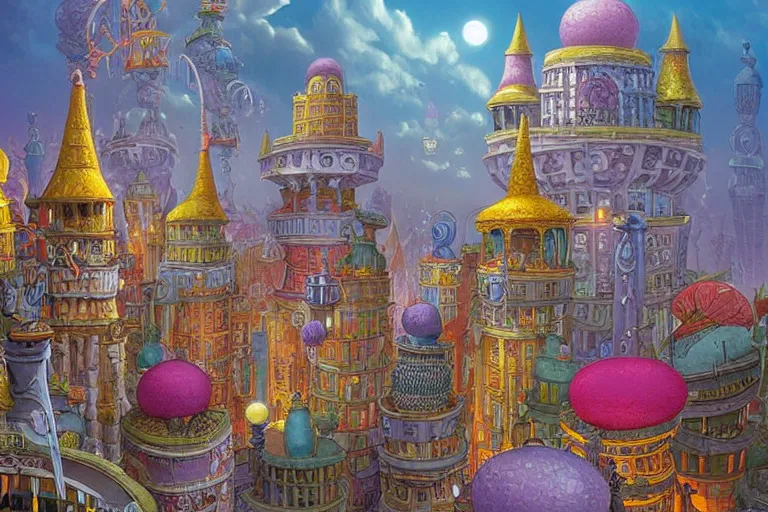 Image similar to Fantasy City built from White Domes by Michael Whelan and Benjamin Lacombe and Jacek Yerka super details, bright colors, ornate background