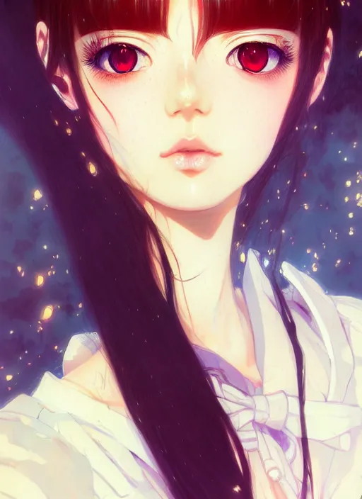 Image similar to portrait of beautiful young anime girl, cute-fine-face, pretty face, realistic shaded Perfect face, fine details. Anime, cyberpunk, Warhammer, highly detailed, artstation, illustration, art by Ilya Kuvshinov and Gustav Klimt