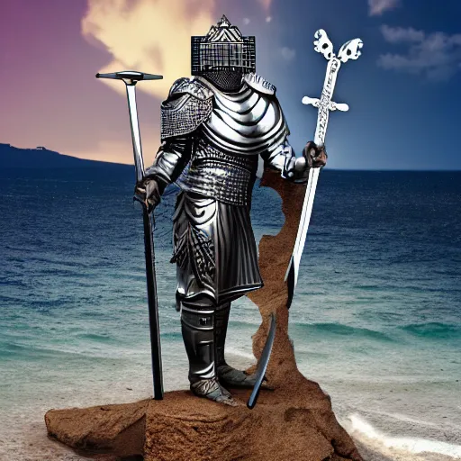 Prompt: greek statue of a Templar knight with ornate engraved armor holding his sword in a battle ready stance looking out over a Cliffside with crashing waves on the shore, synthwave, 4k