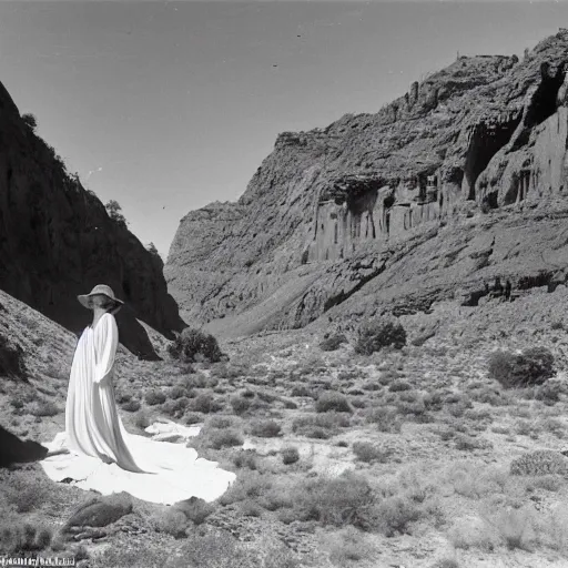 Image similar to 1 9 7 0's artistic western movie, a woman in a giant flowing incredibly long dragging white dress made out of white smoke, standing inside a dark western rocky scenic landscape, volumetric lighting