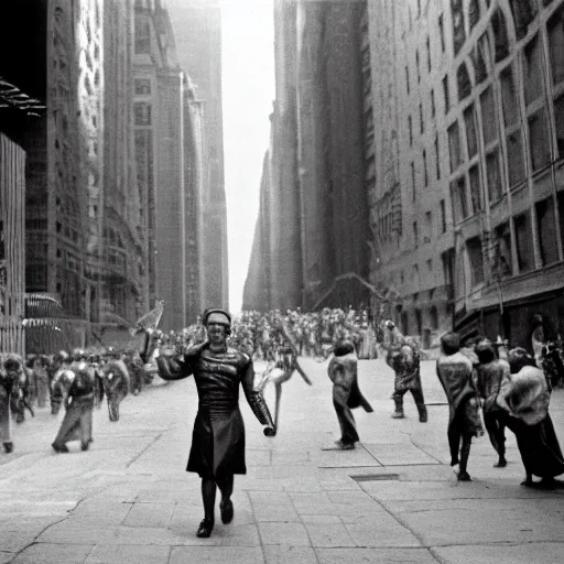 Prompt: a photograph Julius Caesar walking down wall street