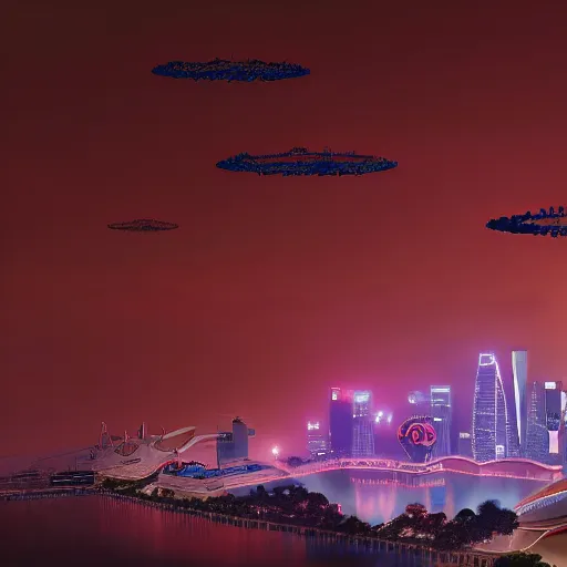 Image similar to Singapore night city with a lion-shaped cloud in the sky and a squadron of chinooks flying in the sky, by by James Jean and Wayne Barlowe, red and white lighting, digital art, ultra realistic, ultra detailed, photorealistic, 4k, character concept