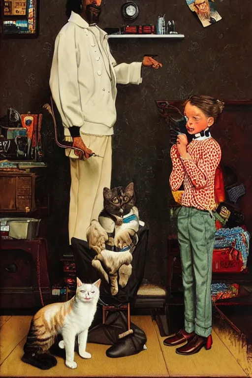 Image similar to snoop dogg and his cats painted by norman rockwell