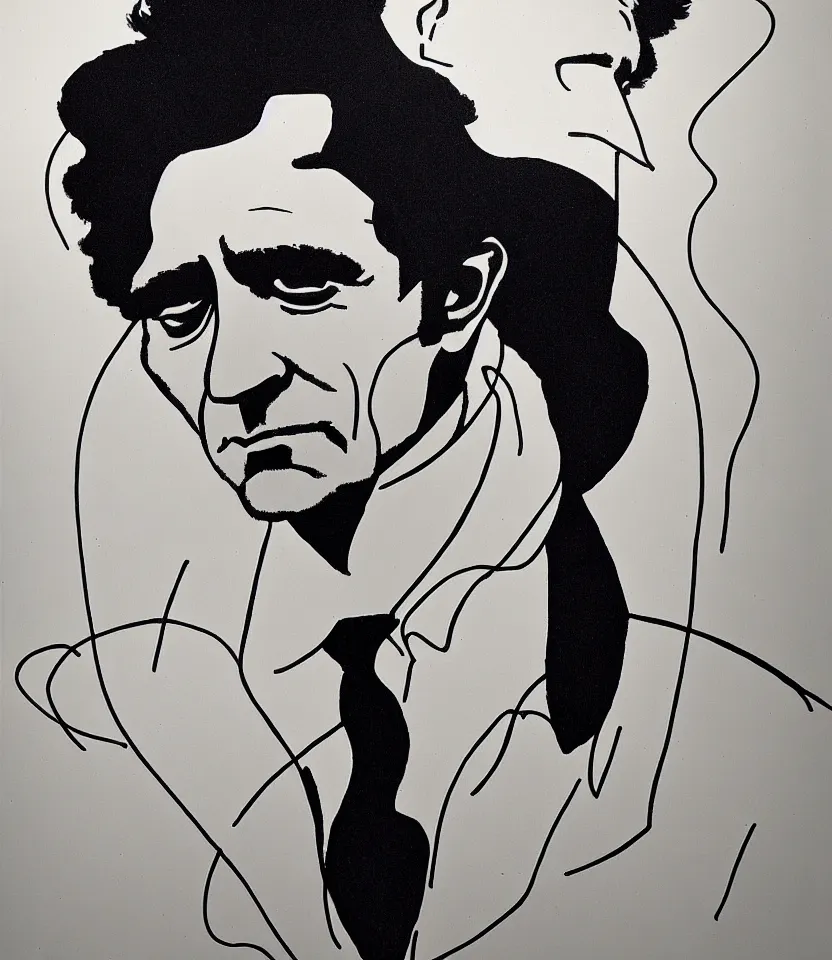 Prompt: elegant line art portrait of johnny cash, inspired by egon schiele. contour lines, graphic musicality, twirls, curls, curves, strong confident personality