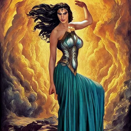 Image similar to Full body oil painting of the beautiful woman Gal Gadot, she is wearing a peplos and a surreal ornate, her hair is natural disheveled, she is approaching heaven over the clouds, naturalism, dramatic lighting, high-detailed oil painting by Ilya Repin, Michelangelo da Caravaggio, William Blake, Alex Grey and Beksinski, trending on Artsation, hystorical painting, naturalism, masterpiece, 4k, 8k,