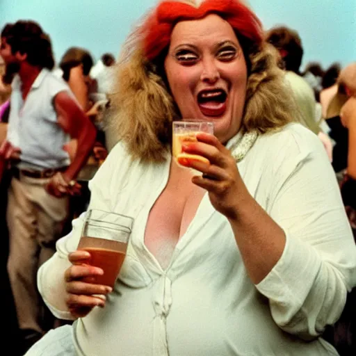 Image similar to 3 5 mm photo of raucous drunk boisterous loud portly french comedienne tippi pupu holding a drink and barking at a crowd, cannes 1 9 7 8