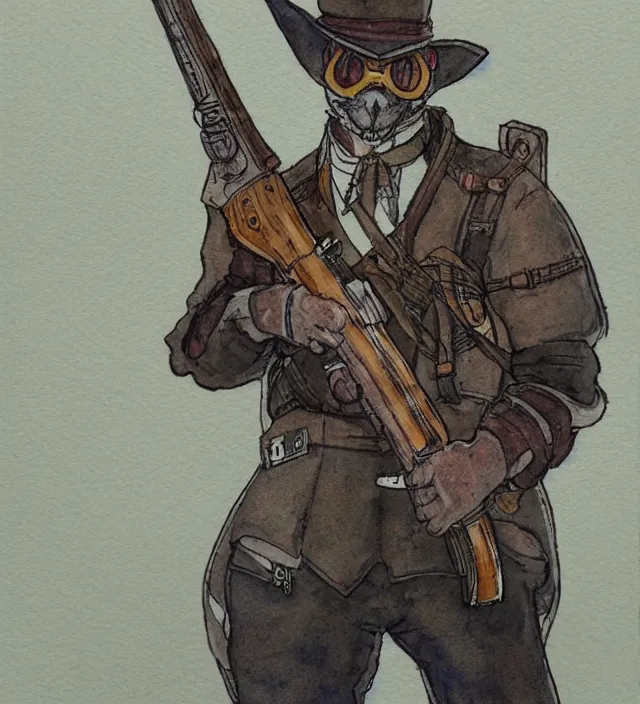 Image similar to a 3 / 4 view watercolor ink painting of an anthropomorphic bunny mercenary / gunslinger posing with their revolver - rifle in the style of jean giraud in the style of moebius trending on artstation deviantart pinterest detailed realistic hd 8 k high resolution
