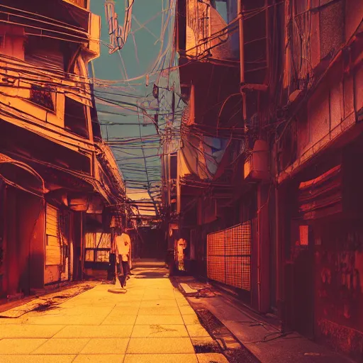 Prompt: the ruin of a cyberpunk japanese city, sunset, warm light, alleyway