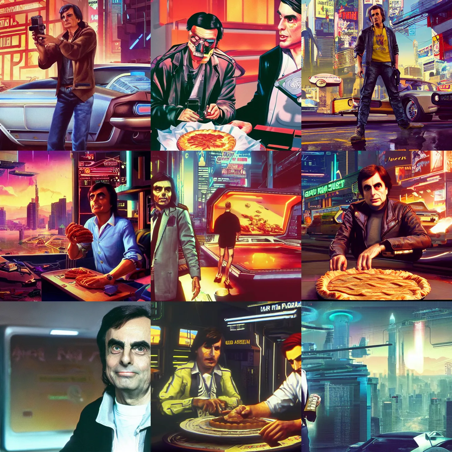 Prompt: carl sagan offering a whole apple pie mission cyberpunk 2 0 7 7. cp 2 0 7 7. 3 8 4 0 x 2 1 6 0