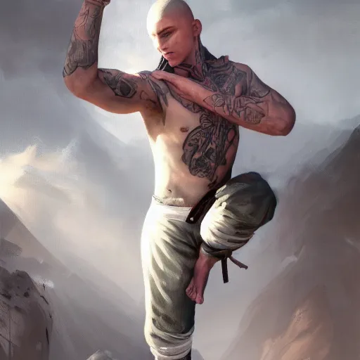 Prompt: A detailed matte oil on canvas painting of a young white male martial artist monk, orchid arm tattoos, fight stance by greg rutkowski and Charlie bowater, trending on artstationhd, dungeons and dragons art