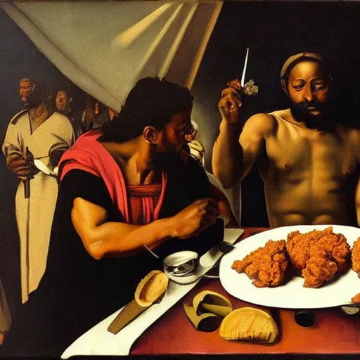 Prompt: black jesus eating fried chicken during the great war, oil painting, sacred art, illustration, caravaggio