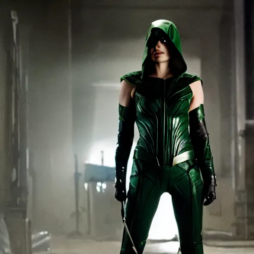 Prompt: film still of willa holland as green arrow in the 2 0 1 7 film justice league, dramatic cinematic lighting, inspirational tone, suspenseful tone, promotional art