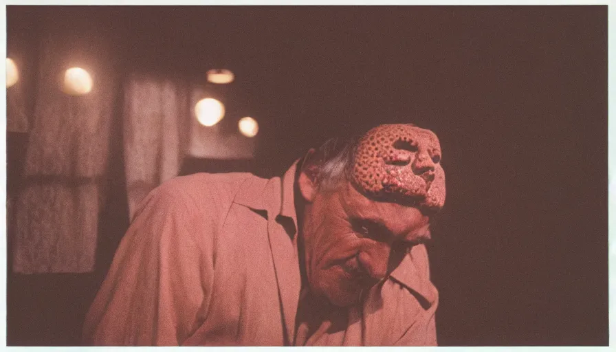 Prompt: 7 0 s movie still of a old man with trypophobia head, cinestill 8 0 0 t 3 5 mm, heavy grain, high quality, high detail