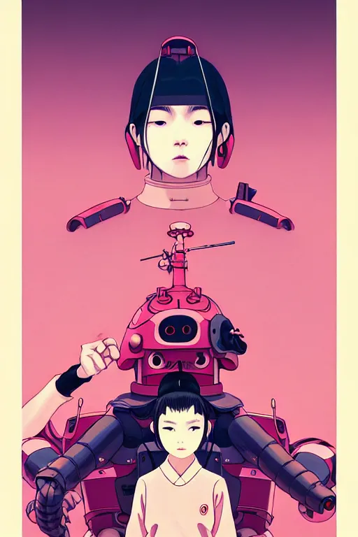 Image similar to Artwork by James Jean, Phil noto and hiyao Miyazaki; a young Japanese future samurai police girl named Yoshimi battles an enormous looming evil natured carnivorous pink robot on the streets of Tokyo; Japanese shops and neon signage; crowds of people running; Art work by studio ghibli, Phil noto and James Jean