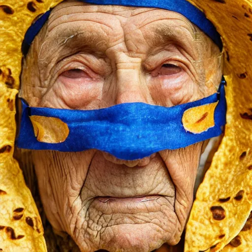 Image similar to an elderly man wearing a mask made from a tortilla, bold natural colors, national geographic photography, masterpiece, 8 k, raw, unedited, symmetrical balance