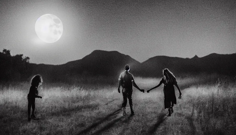Prompt: happy lovers leaving together in the night, walking towards the full moon, cinematic lighting, wow, establishing shot