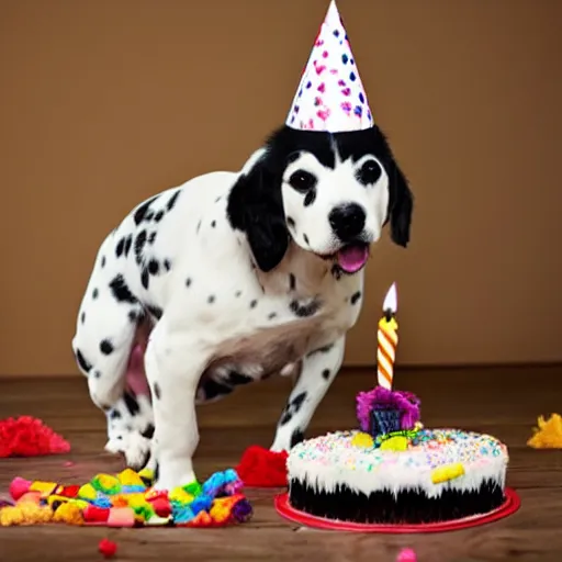 Image similar to photo of dalmatian dog with birthday hat eating a birthday cake,