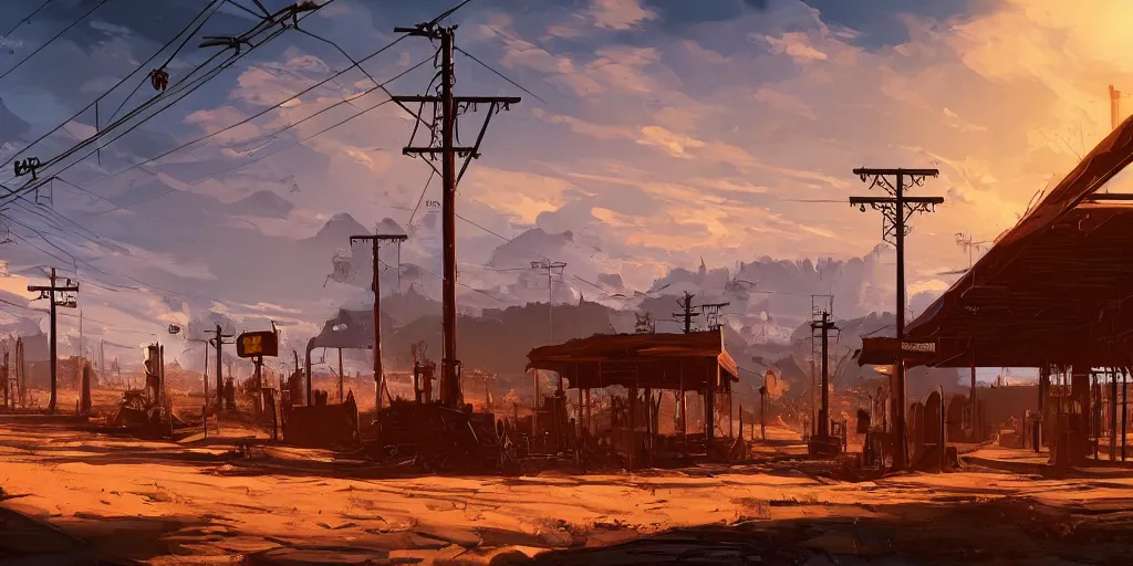 Prompt: train station roadside old west saloon cyber punk post apocalyptic telephone poles billboards cactus graveyard sunset sky clouds illustration by syd mead artstation 4 k 8 k graphic novel concept art matte painting unreal engine ue 5