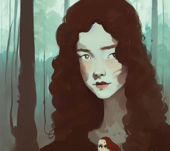 Image similar to portrait woman with long ginger curly hair in the woods, by atey ghailan, by greg rutkowski, by greg tocchini, by james gilleard, by joe fenton, by kaethe butcher, by ashley wood, dynamic lighting, gradient light blue, brown, blonde cream and white color scheme, grunge aesthetic