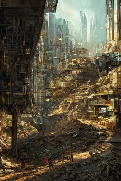 Image similar to a cyberpunk landscape with a pile of rubble inside a large corner wall with a window and the light shining through james gurney, artgem