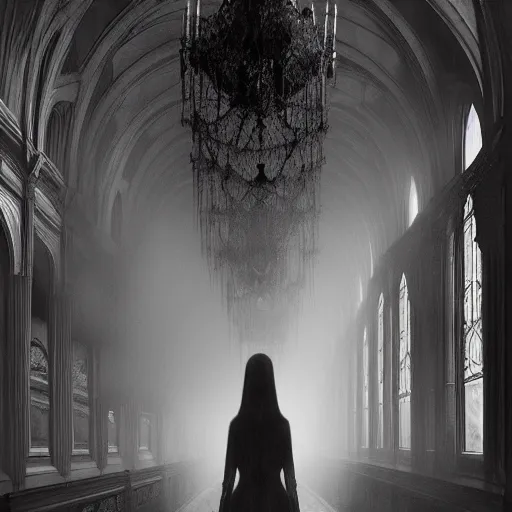 Image similar to a long hallway of mirrors. victorian interior, with many mirrors, spiders and spiderwebs everywhere, elegant design, haunting atmosphere, dark lighting, gothic, horror style, scary, swirling fog, volumetric lighting, by greg rutkowski, dutch angle,