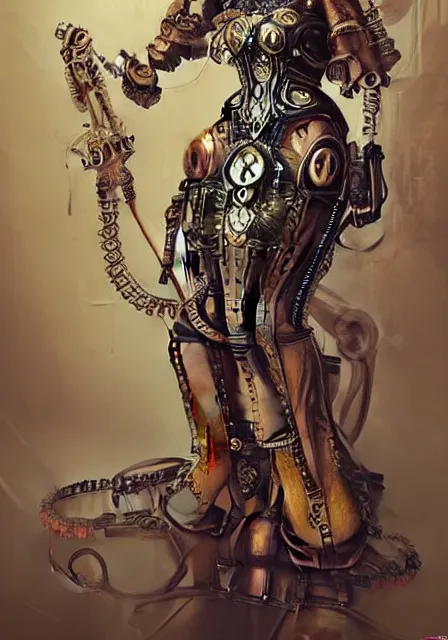 Prompt: steampunk clockwork durga mecha by marek okon designed by alexander mcqueen dress by peter mohrbacher