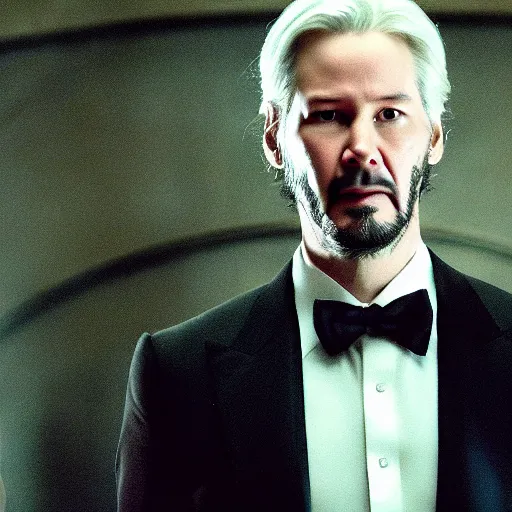 Image similar to A still of Keanu Reeves as President Snow in The Hunger Games (2012), white suit, white hair and beard